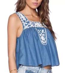 Lovers + Friends Chambray Embroidered Denim Top Size S