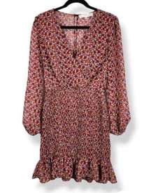 Row A Burgundy Floral Long Sleeve Ruffle Smoked Dress Long Sleeve Size L