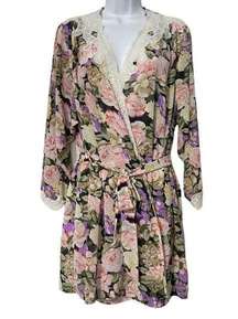 Vintage Natori Set Chemise And Robe Floral Rose Print With Lace Trim Size Small