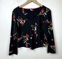 Vintage Josie Natori Y2K Floral Cropped Top Size M Asian Floral Long Sleeve