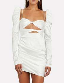 the bar white silk twist front puff sleeve crystal long sleeve ruched mini dress