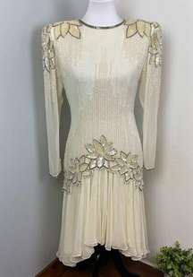 Vintage Ivory Black Tie by Oleg Cassini Beaded Dress