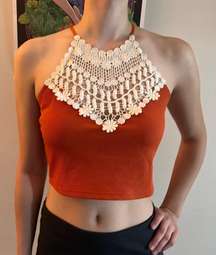 Boho Lace & Orange Crop Top Criss Cross back M