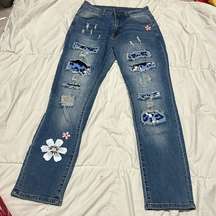 Blue Skinny Cheetah Daisy Patch Distressed Stitched Jeans Womens Small Floral