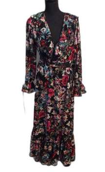 Women's SPY ZONE EXCHANGE Belted Floral Semi-Sheer Long Sleeve Maxi Dress  L