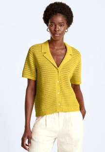 NEW Organic Cotton Crochet Knit Collared Short Sleeve Polo Shirt Yellow