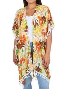 Room Mates Tropical Flower Print Kimono medium cardigan short sleeve hem tassel