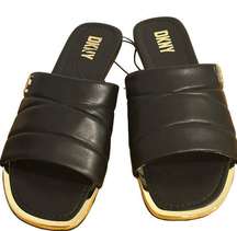 DKNY Logo Flat Slides Womens Sz 8.5M Black Gold Accents Square Toe Faux Leather