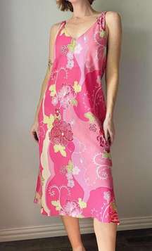 Vintage Natori Pink Floral Abstract Printed Midi Low Back Slip Dress