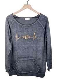 Z by Zobha Heartbeat Coffee Graphic Sweatshirt Grey Distressed Metallic Size XL