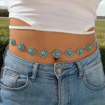 Boho Turquoise Waist Chain Vintage Adjustable Metal Chain Belt Western  Faux Fashion Body Jewelry