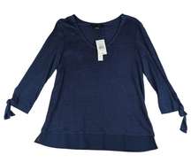 Sanctuary Sylvie Tiered Hem Linen Tee Navy Blue Bloom V-neck Top - Women's Small