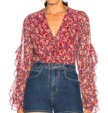 Revolve NICHOLAS Red Silk Blossom Ditsy Micro Floral Ruffle Blouse