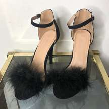 strappy black suede fluffy feather heels size 8.5