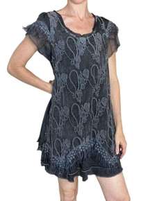 NWT  Grey Black Silk Embroidery Paisley Mini Shirt Dress