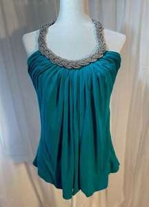 XXI Size Large Teal Halter Top with Silver Metalic Braided Chain