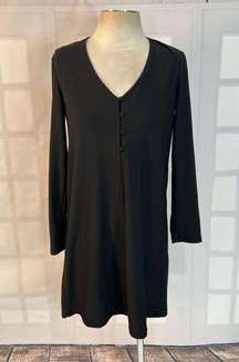 Mango Long Sleeve V-Neck Button Front Little Black Shift Dress Size 6