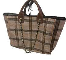 Jen & Co Oversized plaid retro flannel tote bag, chain straps, 90s, academia