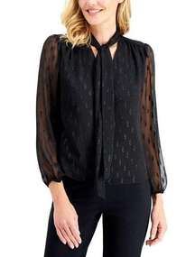 NEW Alfani Printed Sheer Sleeve Neck Tie Blouse Black Women's Size Medium