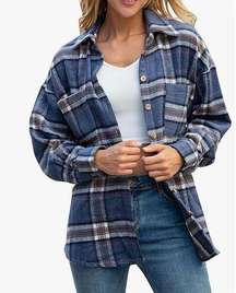 Womens Superga Warm Weather Blue Plaid Cozy Shacket Shirt Jacket  - Sz S