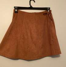 Brown Faux Suede Wrap Gored Skort With Side Tie