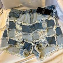 Dolls kill soul happy patchwork denim shorts