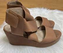 Eileen Fisher Whimsy Wedge Sandals Womens 9.5 Tan Leather Strappy Platform