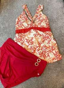 Alex Marie White and Coral Print Criss Cross Tankini 2-Pc Swimsuit Set - Sz 14