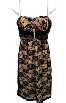Onyx Nite Lace Overlay Sheath Dress Size 4 Black Nude Lining Sleeveless Bling