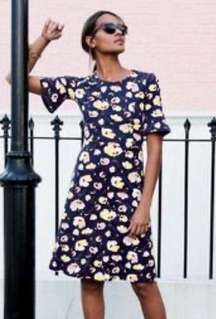 Boden Alexis Fluted Sleeve Fit-and-Flare Floral Dress in Navy Size US4 Long NWT