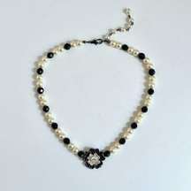 Vintage Nolan Miller Pearl And Onyx Choker With Rhinestone Flower Medallion