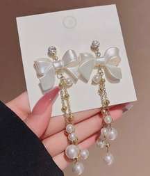 Elegant Bow White Pearl Dangle Drop Earrings for Women,Pearl Earrings