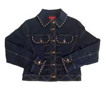 NYDJ Jean Jacket Womens S Black Denim Dark Wash Gold Stud Rhinestone Embellished