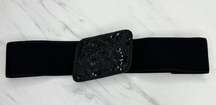 Floral Beaded Buckle Black Stretch Cinch Belt Size Medium M Large L Womens