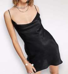 Satin Mini Dress Cowl Neck Black Size Medium