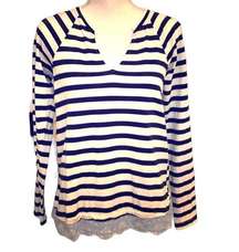 Sanctuary Knit Shirt Long Sleeve Eyelet Small Cotton Navy Blue white stripe