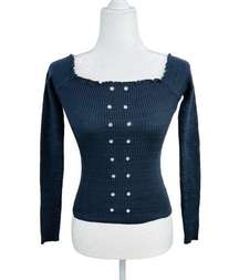 Yoki Navy Blue Stretchy Off the Shoulder Long Sleeve Eyelet Top Size Small