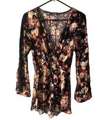 Papermoon Black Multicolor Floral Lace Detail Scalloped Romper Women Sz S