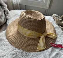 Straw Ribbon Panama Hat in Tan & Yellow NEW