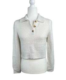 Stradivarius White Fuzzy Long Sleeve 3 Button Collared Cropped Sweater SZ Small