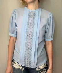 Judy Bond Vintage Blue Lace Pleated Blouse