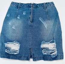 PrettyLittleThing Roschian Denim Mini Skirt Sz 10 Distressed Hi Rise