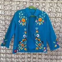 Vintage Blue Wool Folk Art Boho floral embroidery open jacket