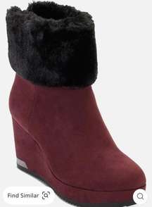 DKNY Nadra  Burgundy and Black Faux Fur Suede Wedge Booties 9.5