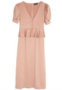 Danielle Bernstein Macy's Puff Sleeve Peplum Midi Dress with Side Slits in Cork