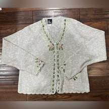 Vintage cardigan mother of pearl  rose ribbon embroidery size M fine knit