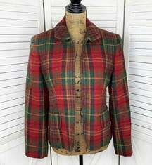 Jones New York Tartan Plaid Shetland Wool Zip Front Blazer Jacket Red Green 6