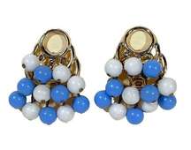 Vintage Blue and White Beaded Earrings, Clipon Tiered Jewelry