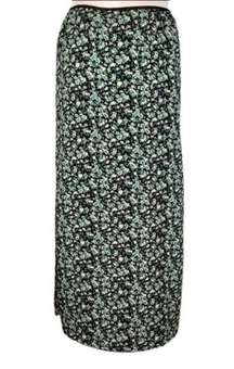 Vintage Blue Maxi Skirt in Black Green All-Over Floral Side Slits Size Small