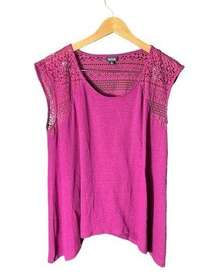 ANA Blouse Womens XL Short Sleeve Linen Blend Lace Woven‎ Pullover Purple